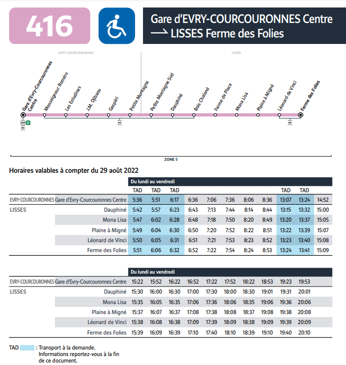 Horaires de service de la ligne 416 du territoire d'Evry-Courcouronnes