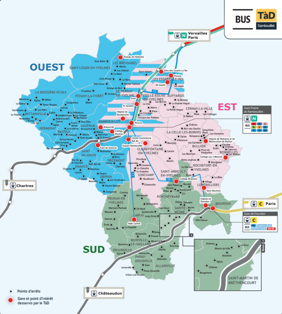 Carte du service du territoire de Rambouillet desservi par le Transport à la Demande.