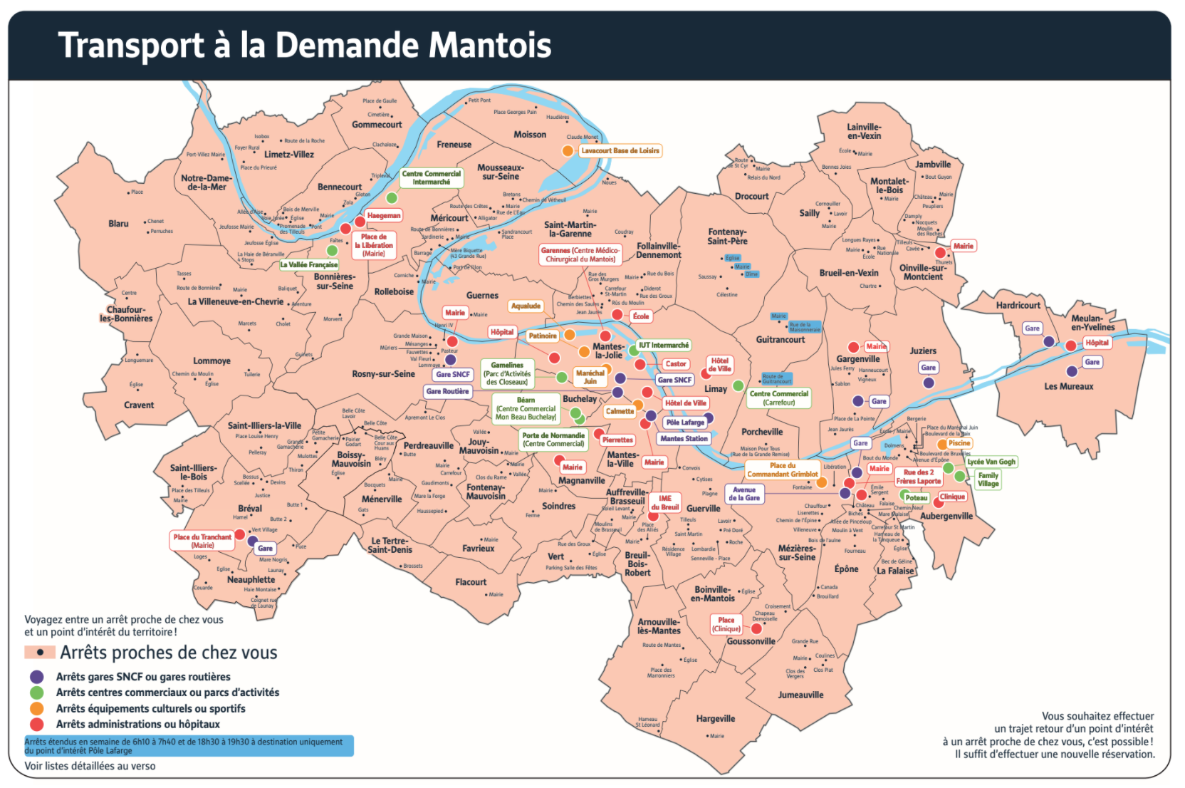 Carte du service du territoire du Mantois desservi par le Transport à la Demande.