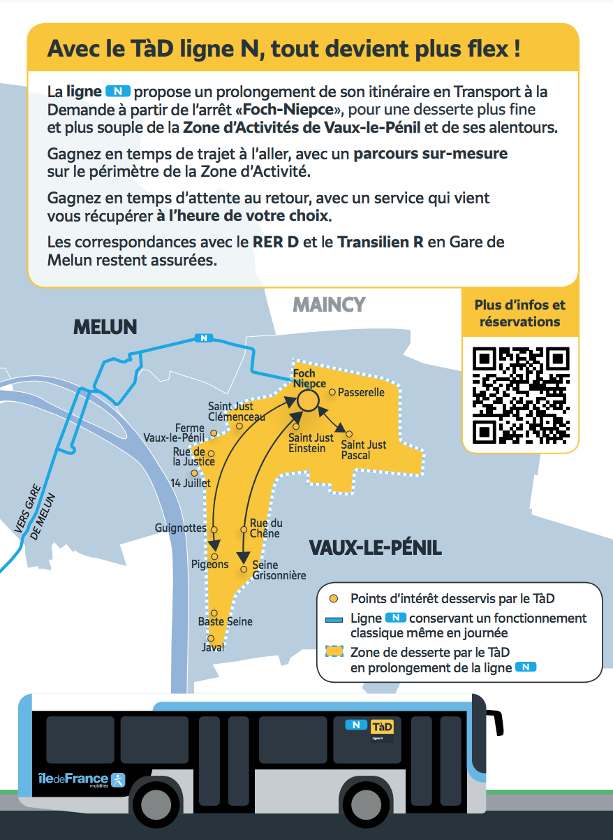 Carte du service TàD de la Ligne N desservi par le Transport à la Demande.