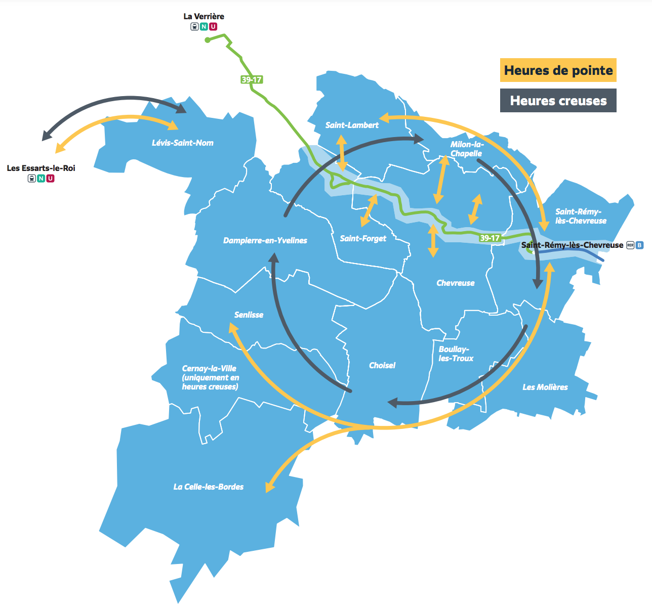 Plan du territoire de Vallée de Chevreuse desservi par le Transport à la Demande.