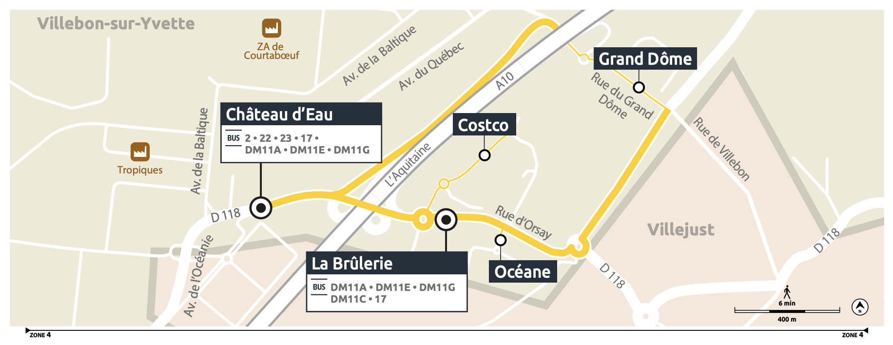 Plan du territoire de Courtaboeuf desservi par le Transport à la Demande.