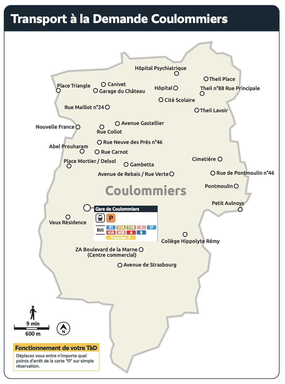 Plan du territoire de Coulommiers desservi par le Transport à la Demande.