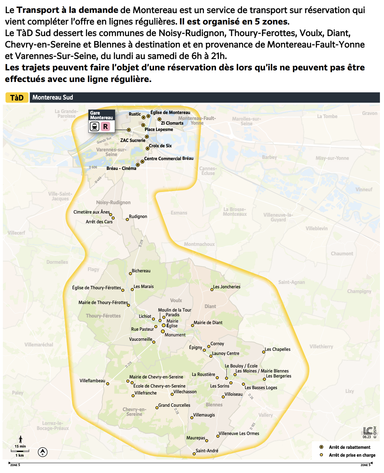 Plan du territoire de Montereau Sud desservi par le Transport à la Demande.