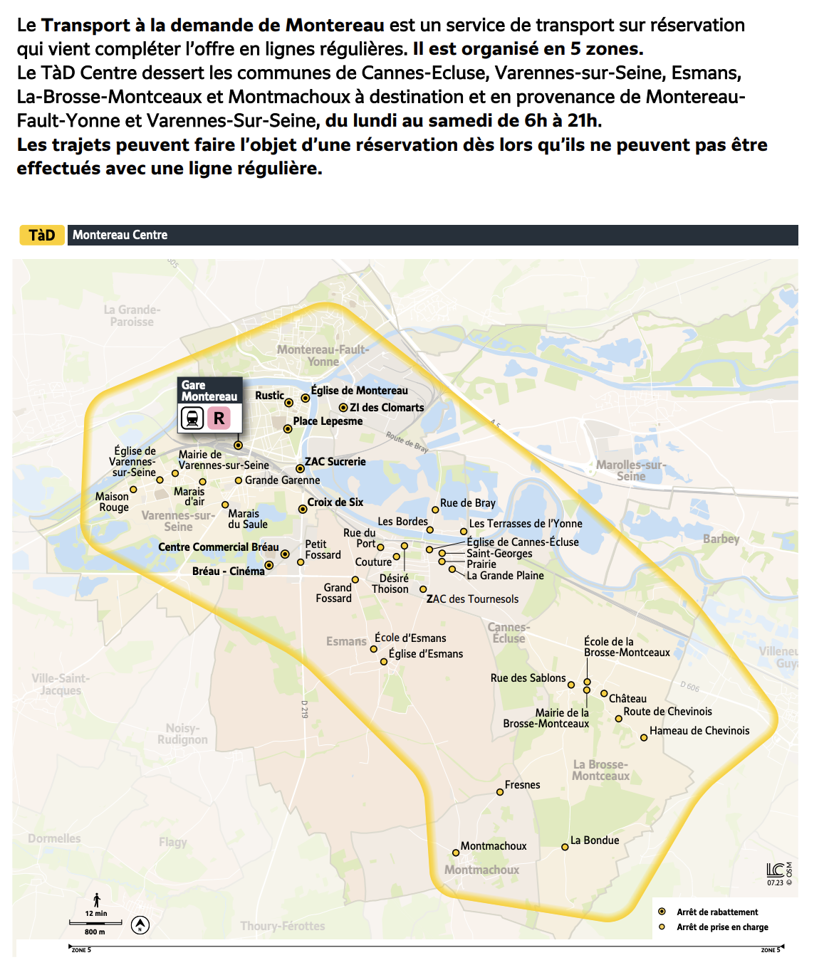 Plan du territoire de Montereau Centre desservi par le Transport à la Demande.