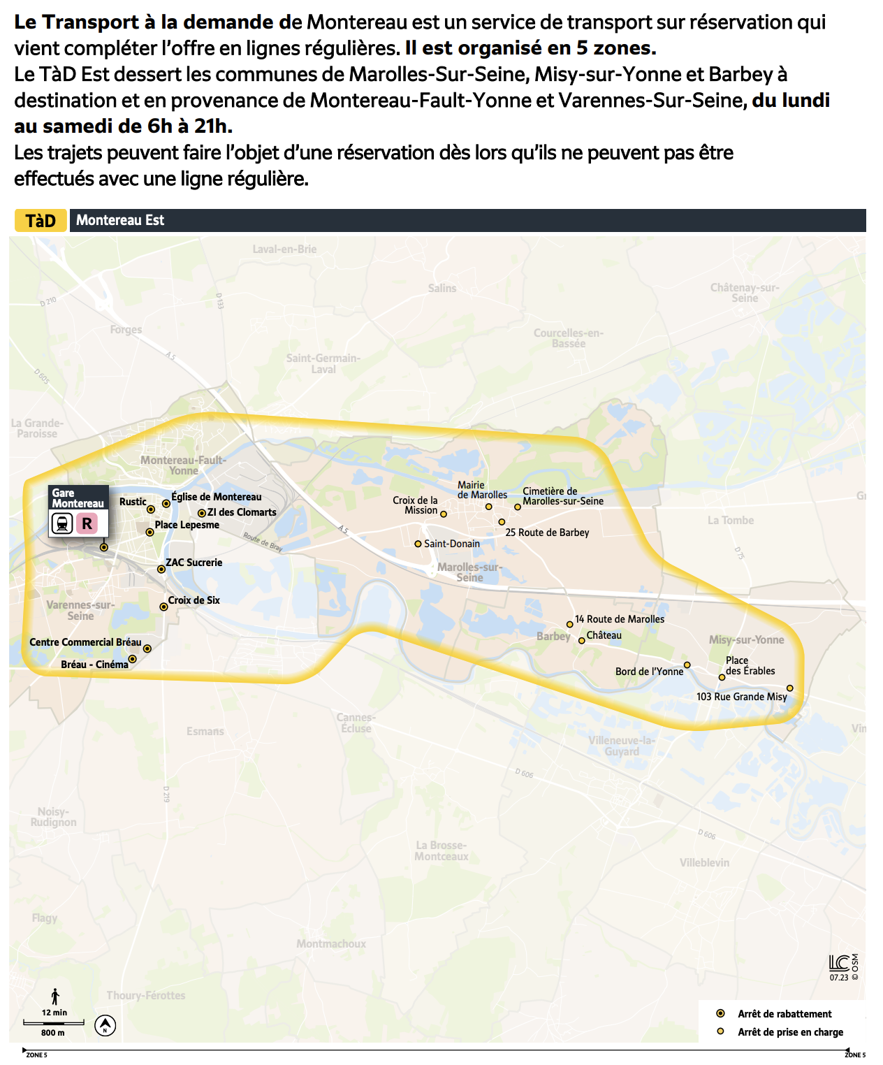 Plan du territoire de Montereau Est desservi par le Transport à la Demande.
