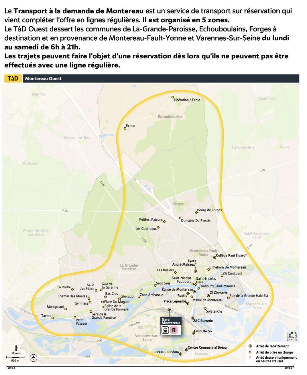 Plan du territoire de Montereau Ouest desservi par le Transport à la Demande.