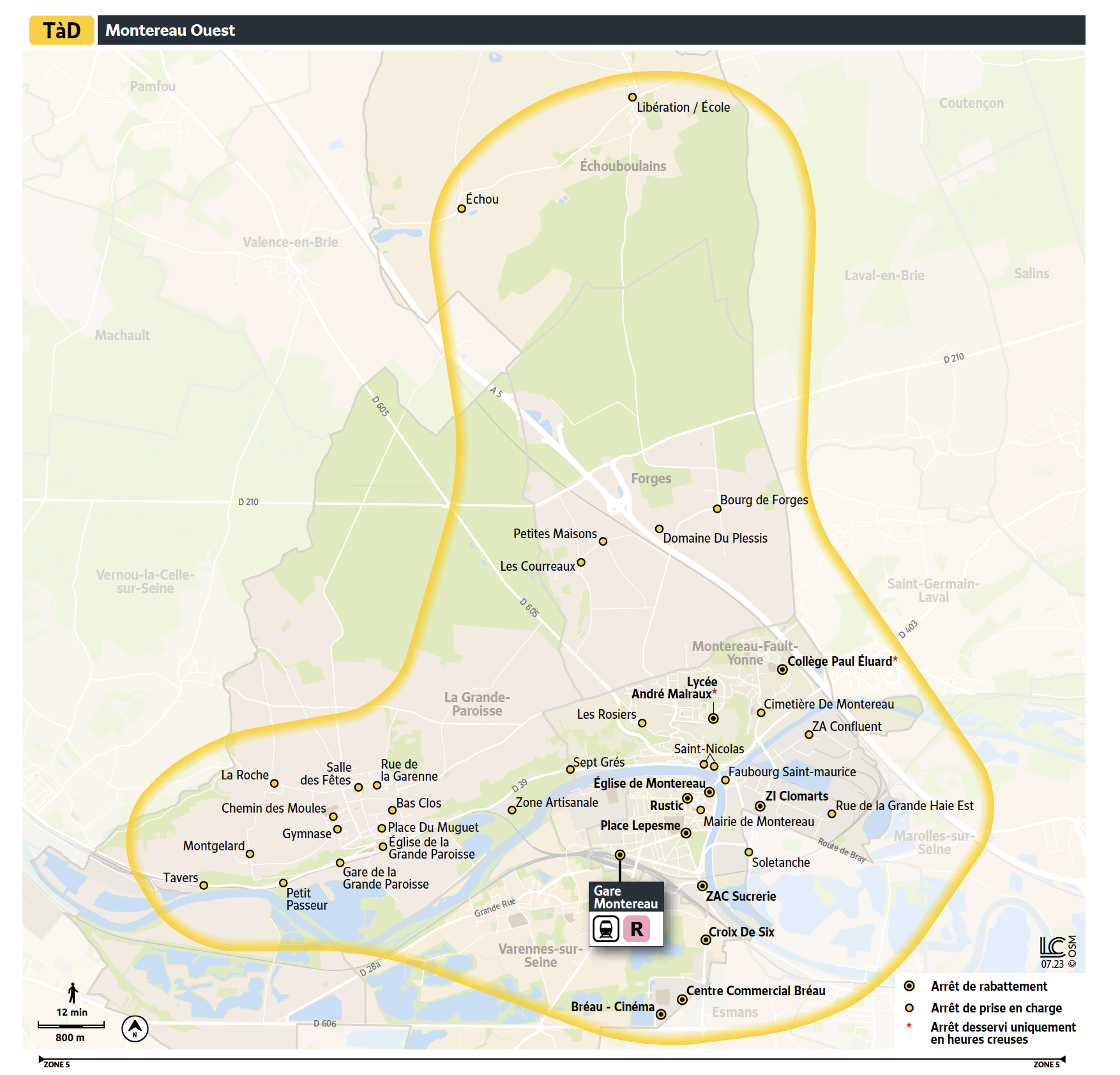 Plan du territoire de Montereau Ouest desservi par le Transport à la Demande.