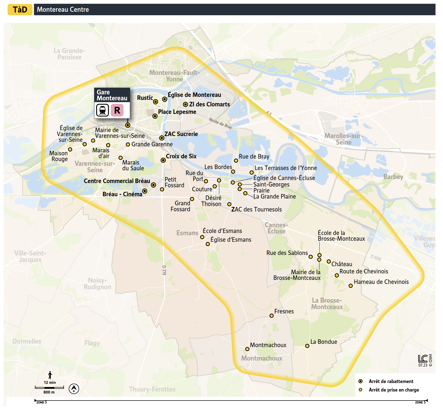 Plan du territoire de Montereau Centre desservi par le Transport à la Demande.