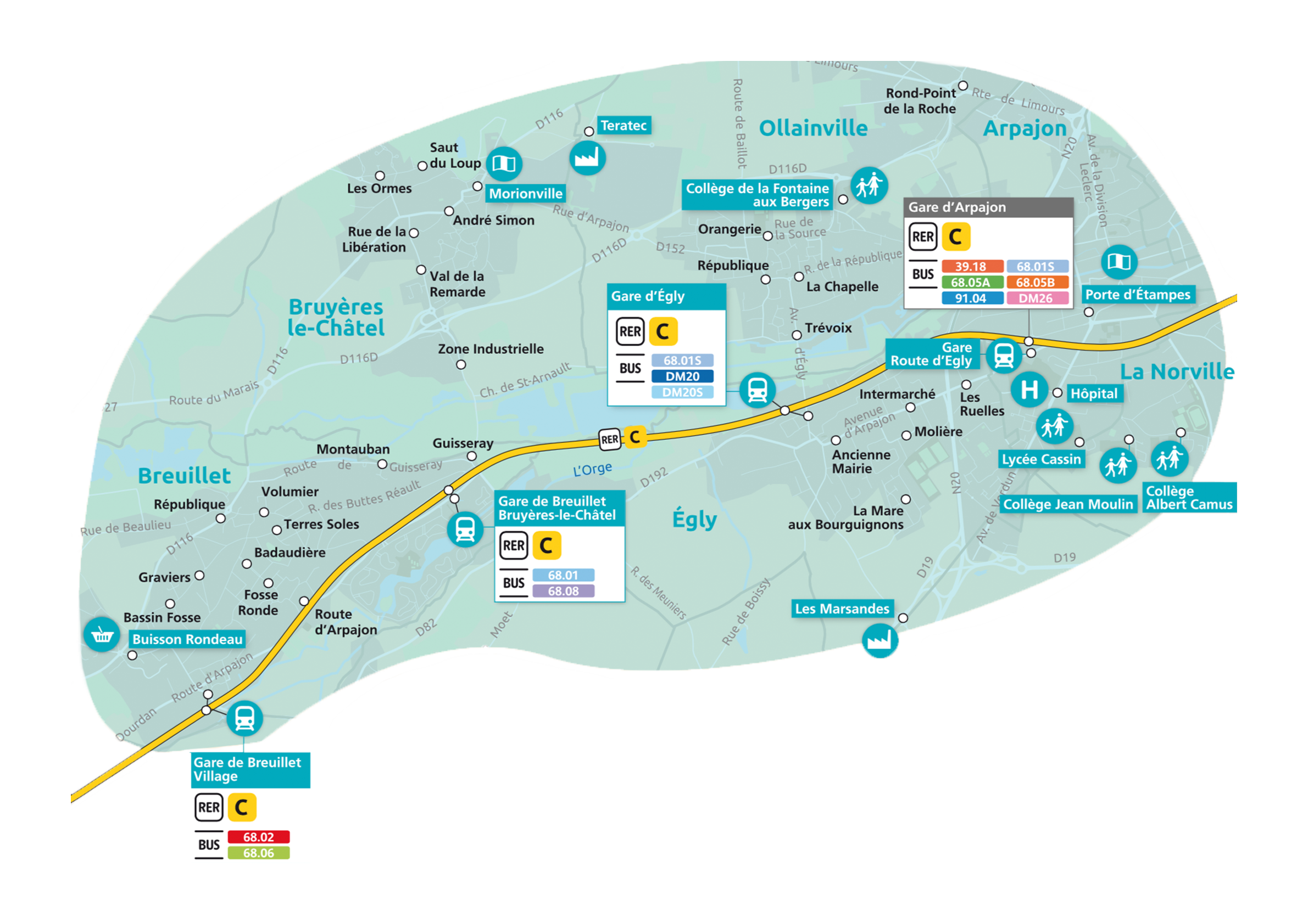 Plan de la ligne 7, du territoire Coeur d'Essonne desservi par le Transport à la Demande.