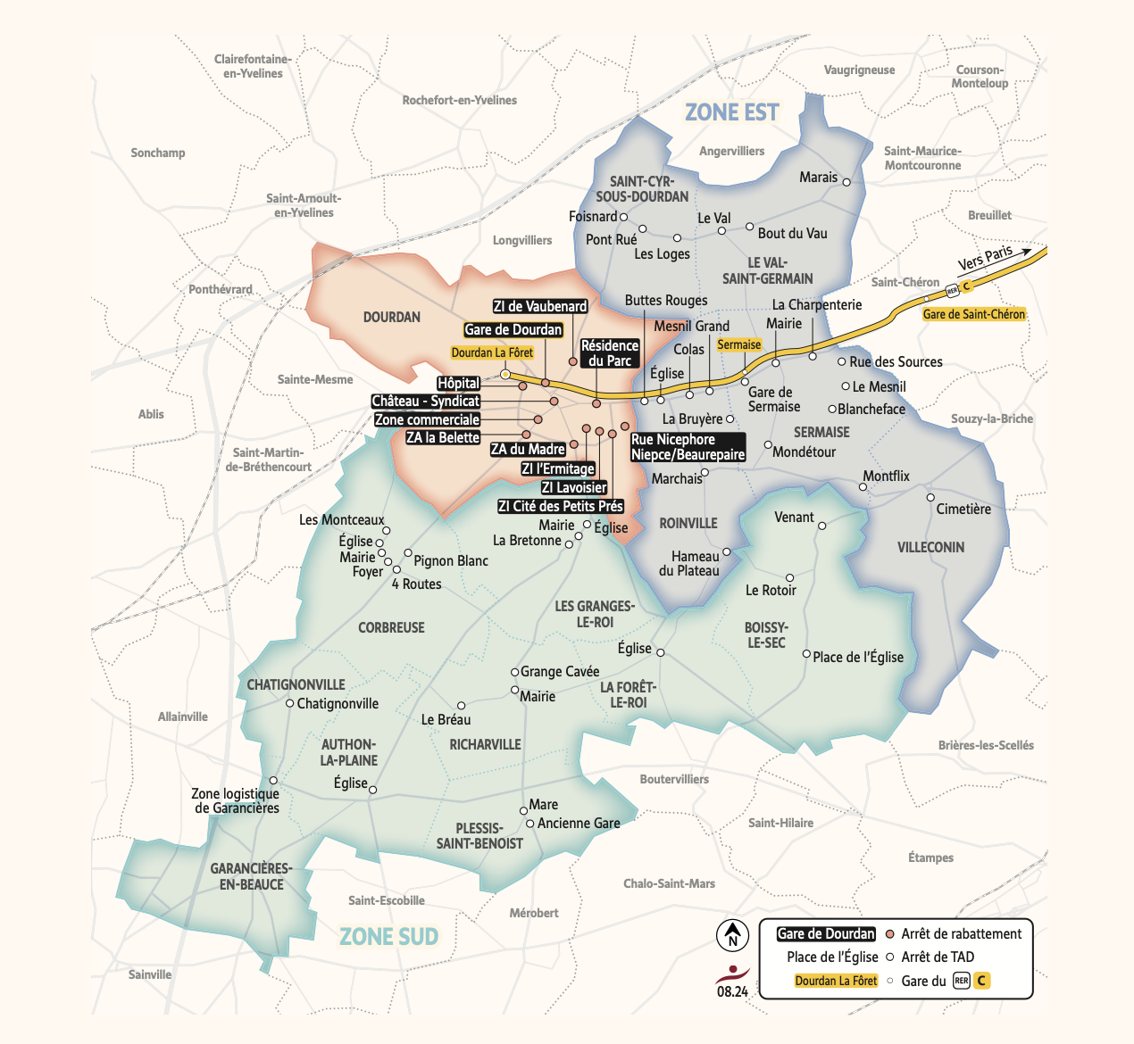 Plan du territoire de Dourdan desservi par le Transport à la Demande.