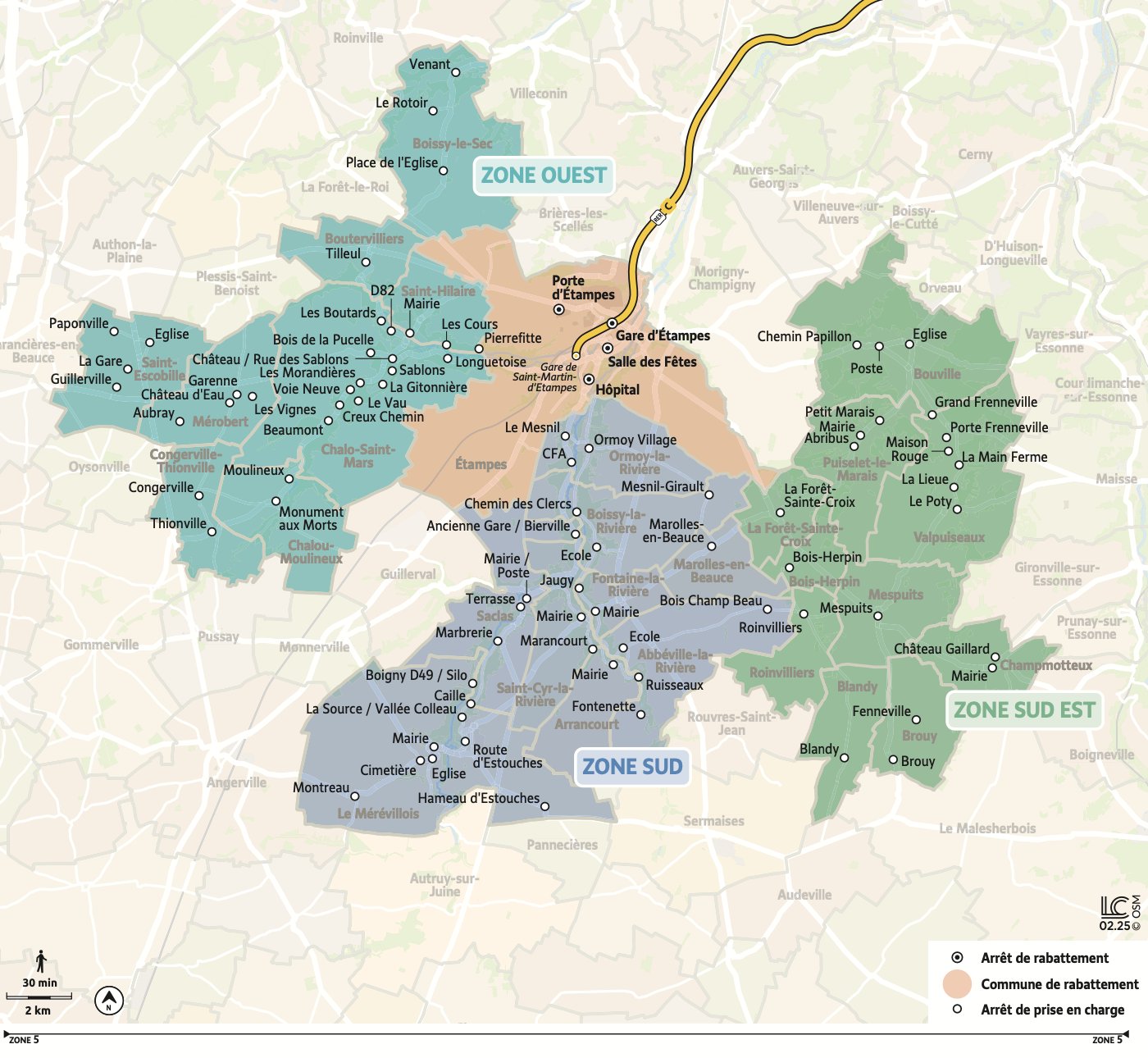 Plan du territoire d'Etampes desservi par le Transport à la Demande.