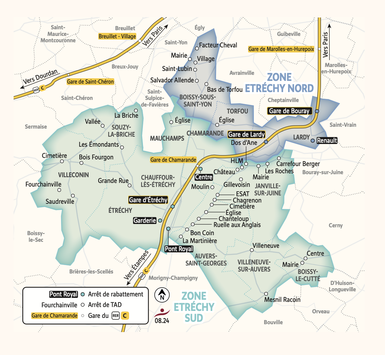 Plan du territoire d'Etréchy desservi par le Transport à la Demande.