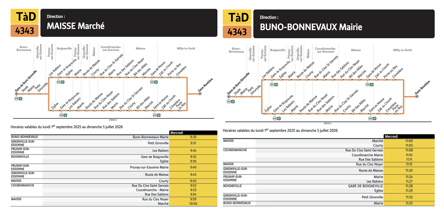 Plan du territoire de Maisse - Buno Bonnevaux desservi par le Transport à la Demande.