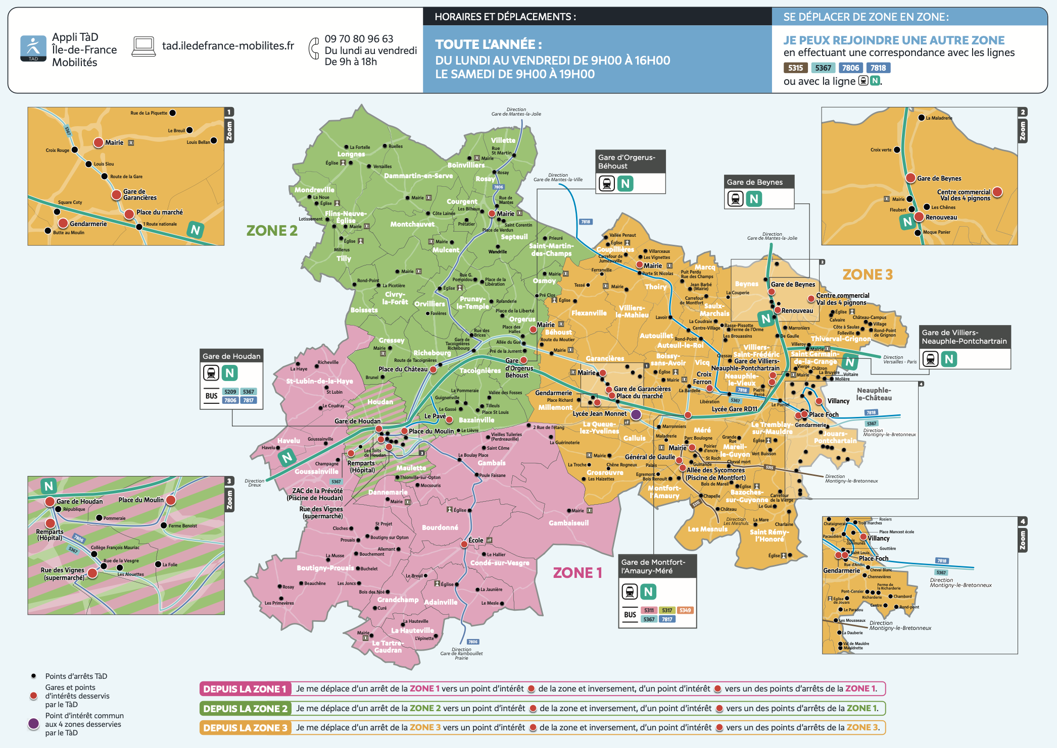 Plan du territoire de Houdan-Montfort desservi par le Transport à la Demande.