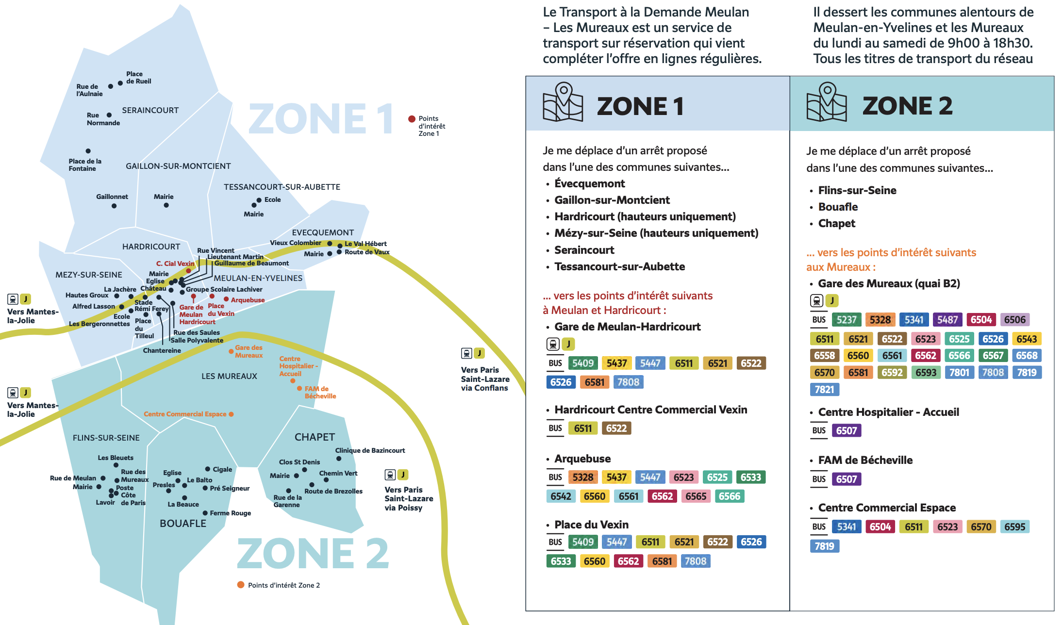 Plan du territoire de Meulan-Les Mureaux desservi par le Transport à la Demande.