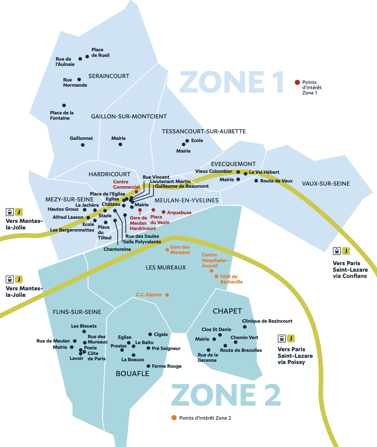 Plan du territoire de Meulan-Les Mureaux (Zone 1 et Zone 2) desservi par le Transport à la Demande.
