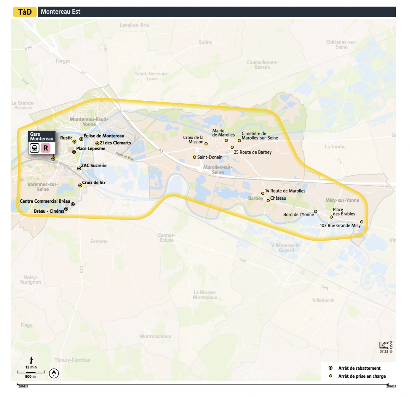 Plan du territoire de Montereau Est desservi par le Transport à la Demande.