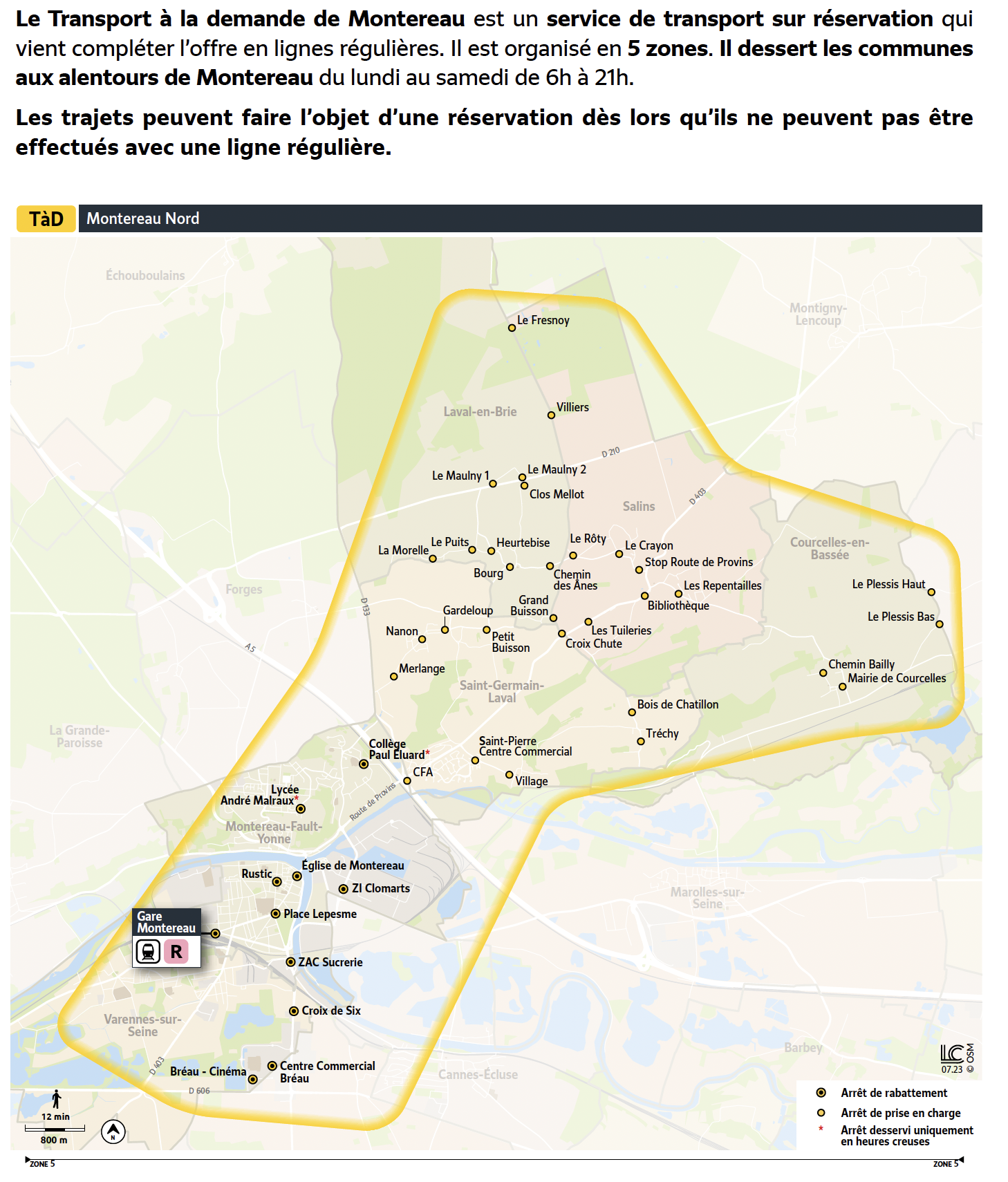 Plan du territoire de Montereau Nord desservi par le Transport à la Demande.