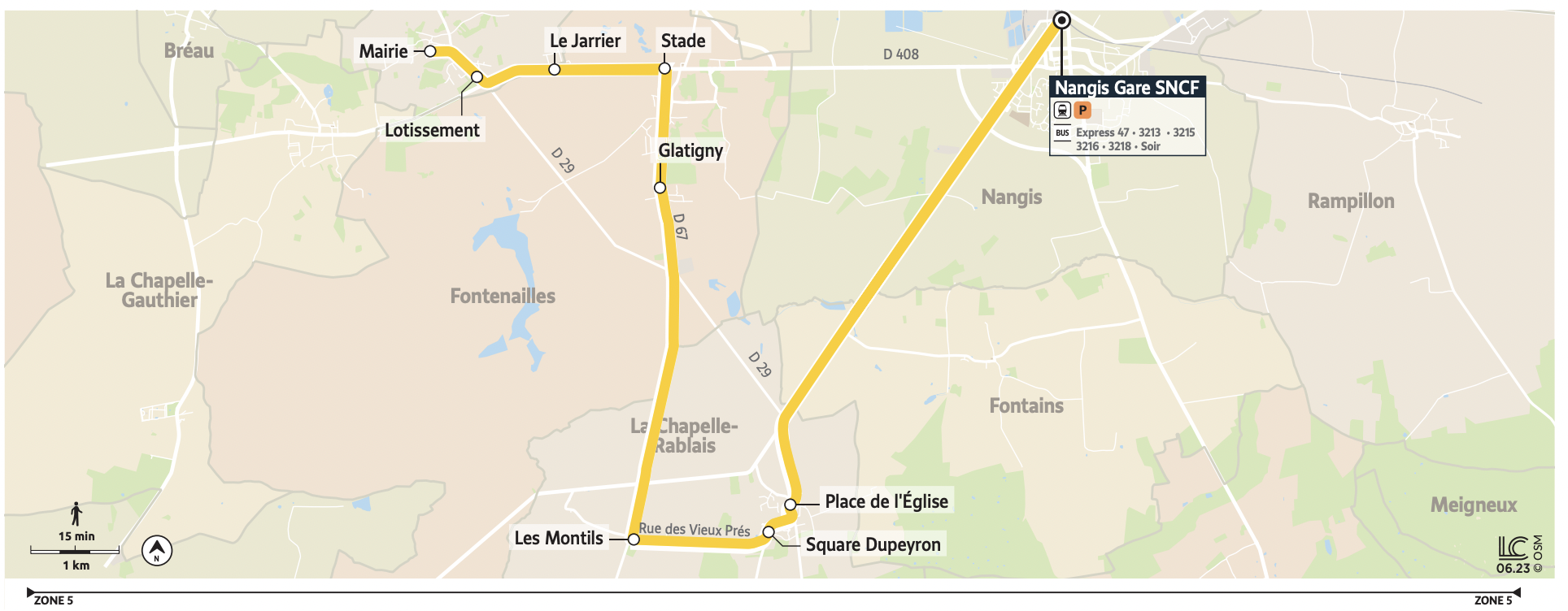 Plan du territoire de Nangis desservi par le Transport à la Demande.