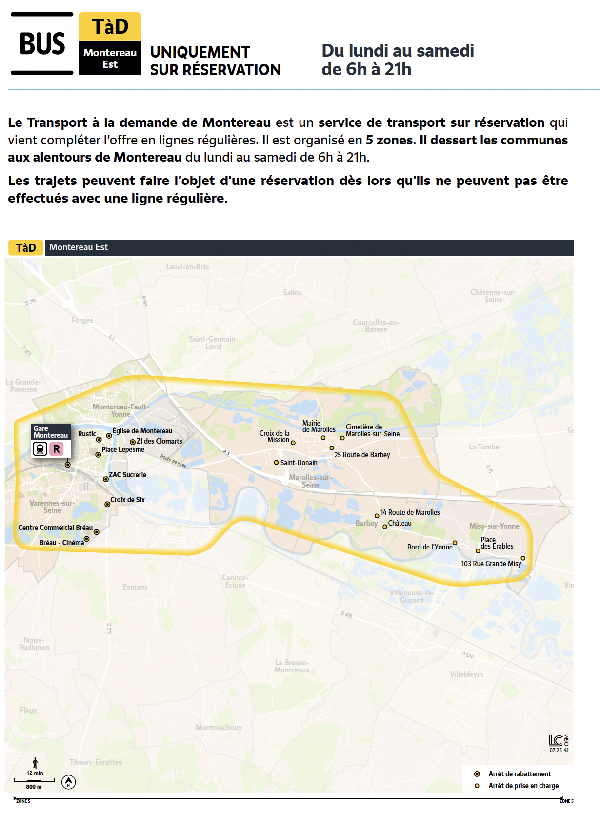 Plan du territoire de Montereau desservi par le Transport à la Demande.