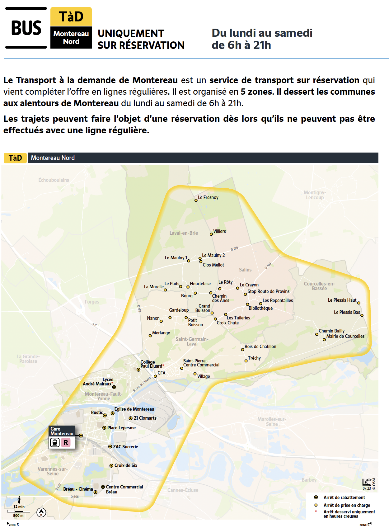 Plan du territoire de Montereau desservi par le Transport à la Demande.