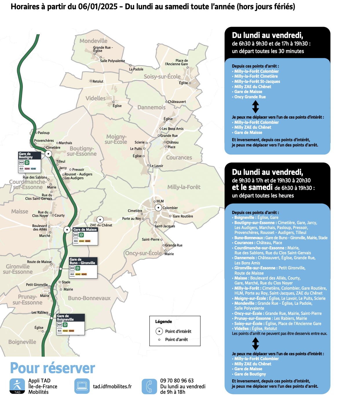 Plan du territoire de Milly-la-Forêt desservi par le Transport à la Demande.
