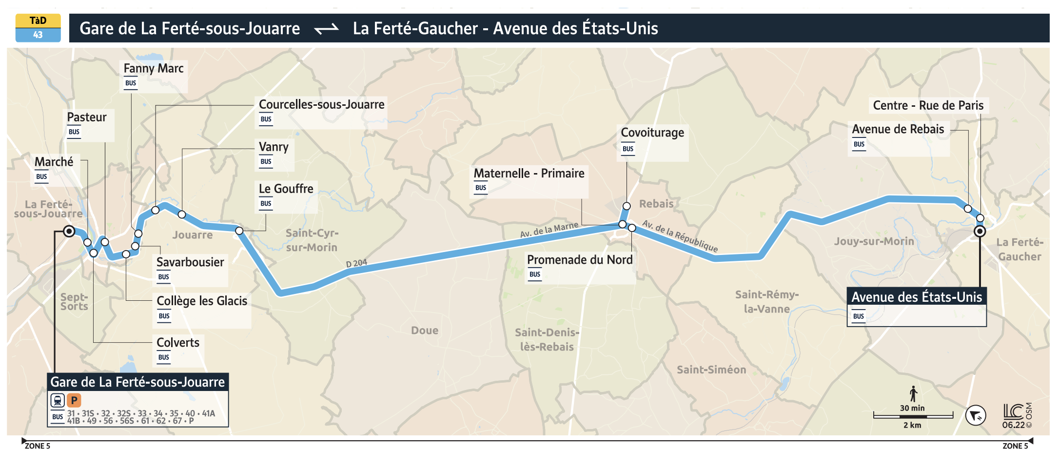 Plan de la ligne 43, service de Transport à la Demande, reliant la gare de La Ferté-sous-Jouarre à La Ferté-Gaucher.