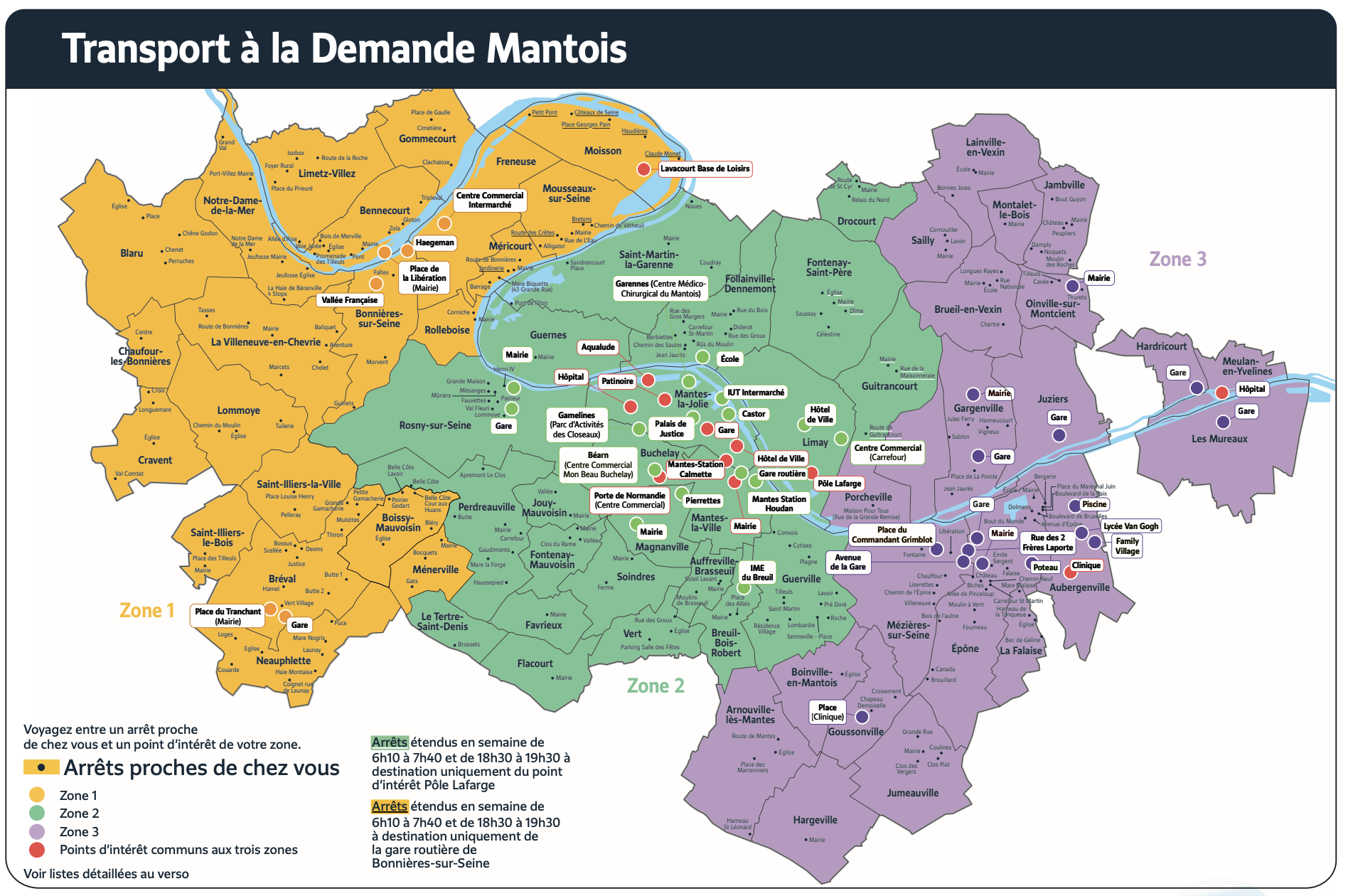 Plan du territoire du Mantois desservi par le Transport à la Demande.