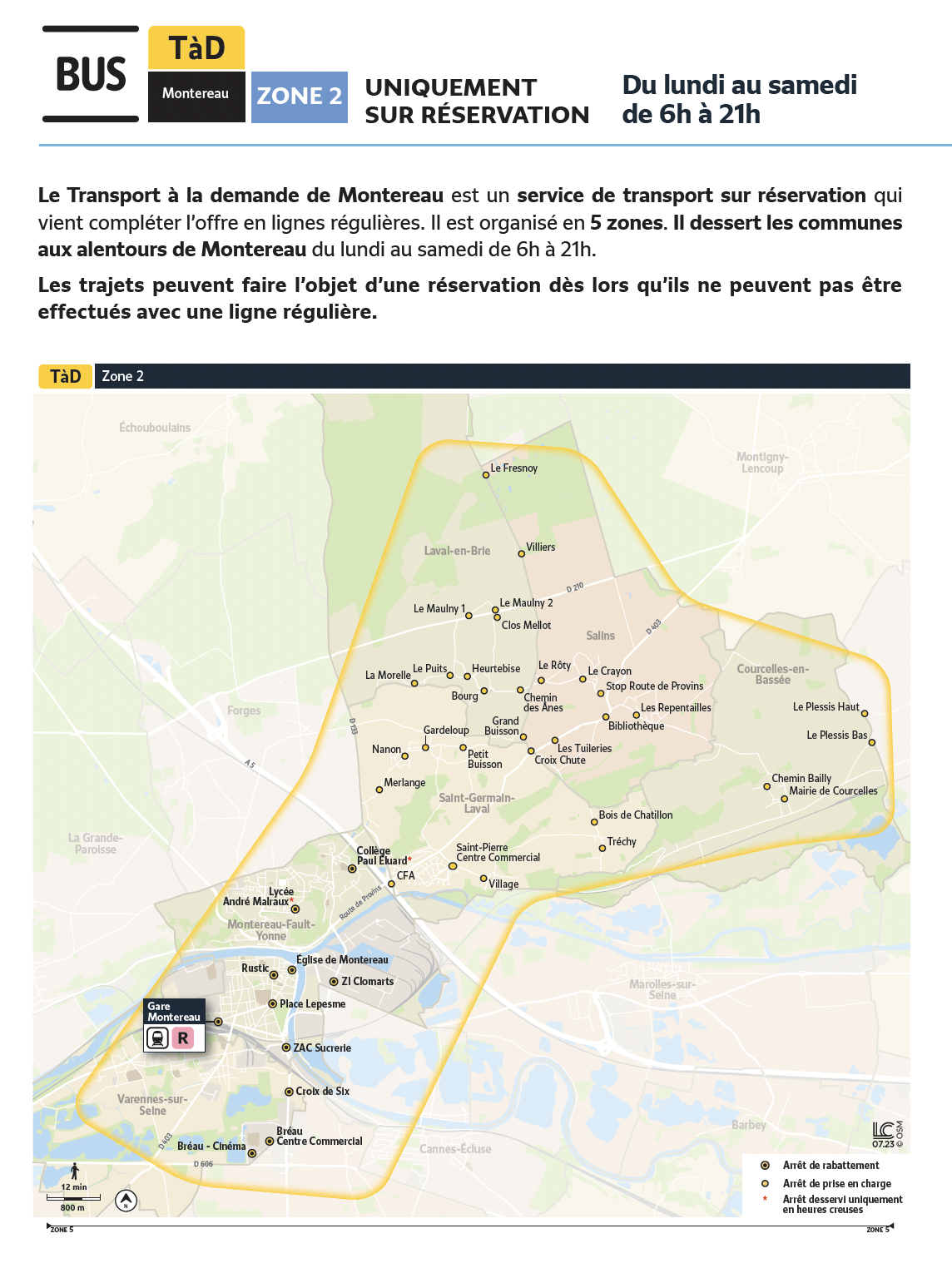 Plan du territoire de Montereau (Zone 2) desservi par le Transport à la Demande.