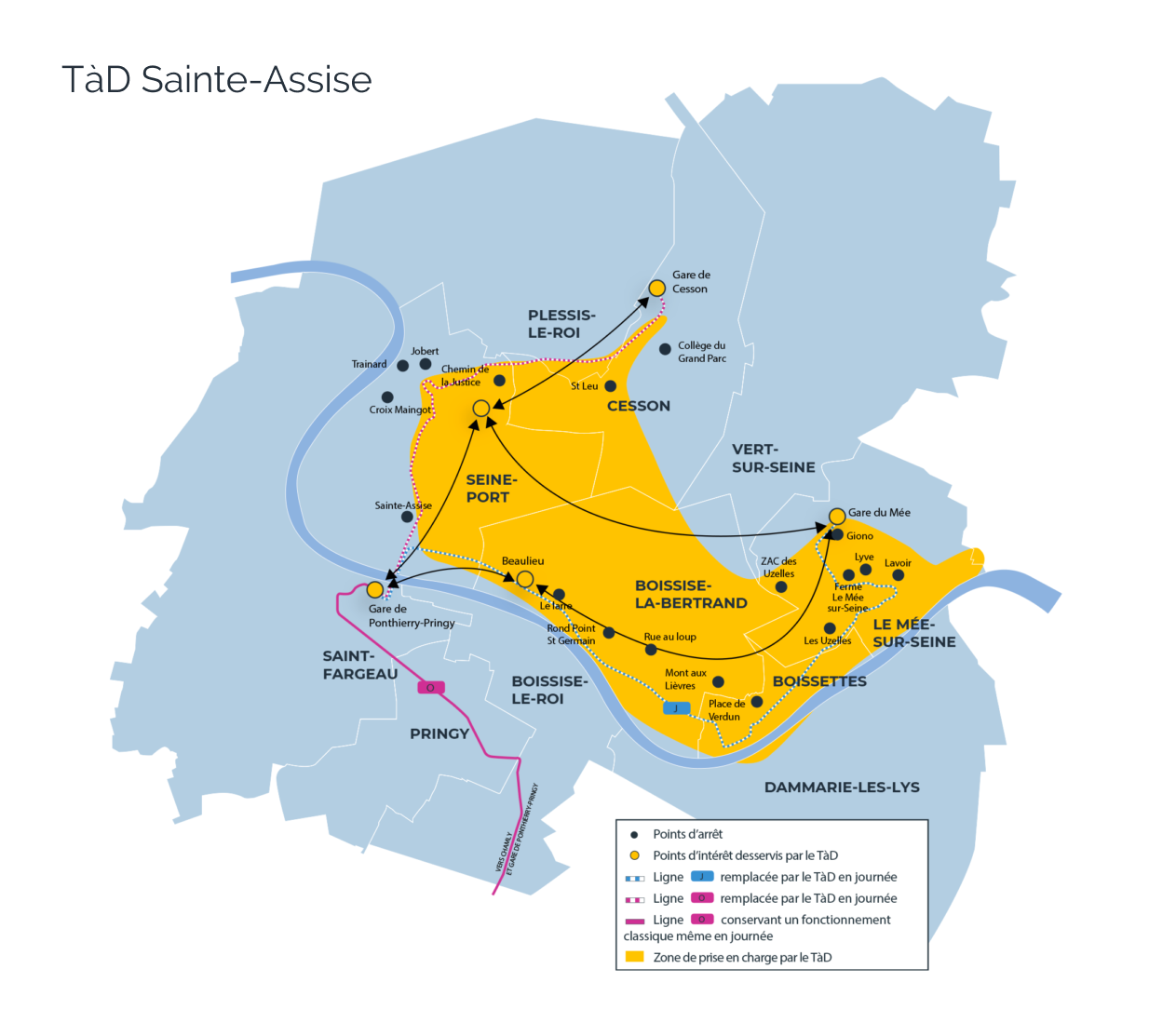 Carte du service du territoire de Saint-Fargeau-Sainte-Assise desservi par le Transport à la Demande.