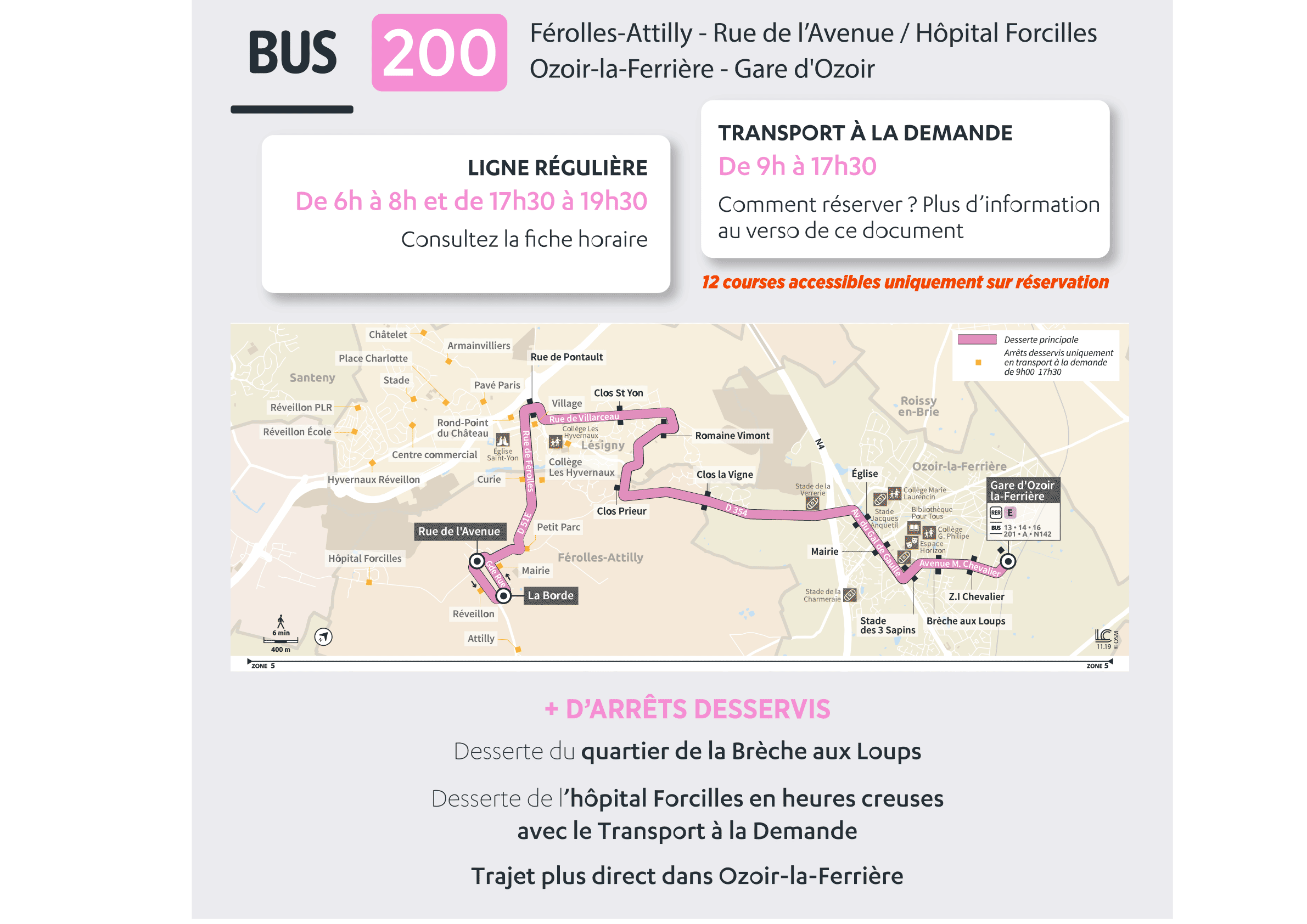 Plan de la ligne 200 desservi par le Transport à la Demande.