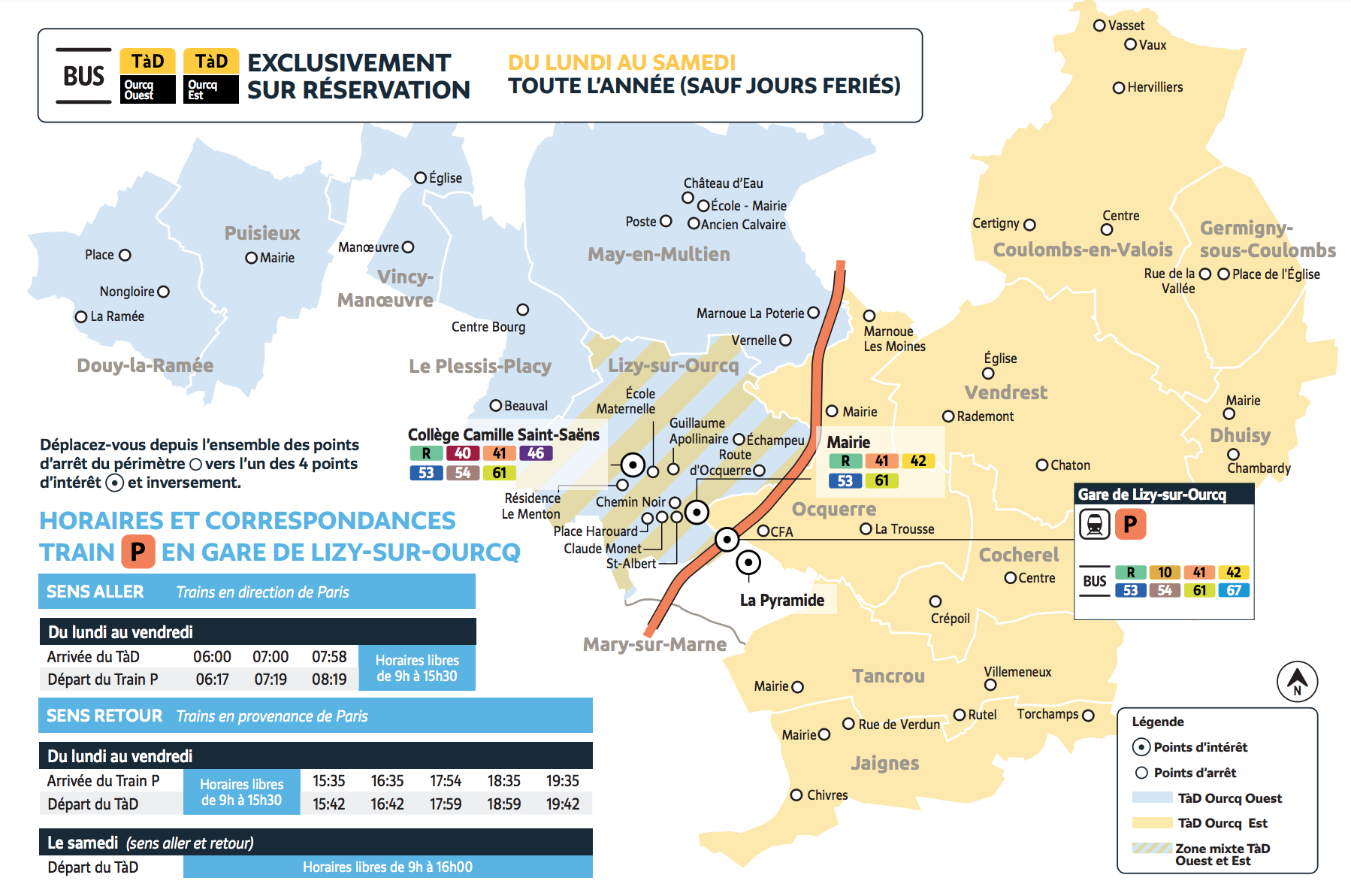 Plan du territoire Ourcq Ouest / Ourcq Est desservi par le Transport à la Demande.