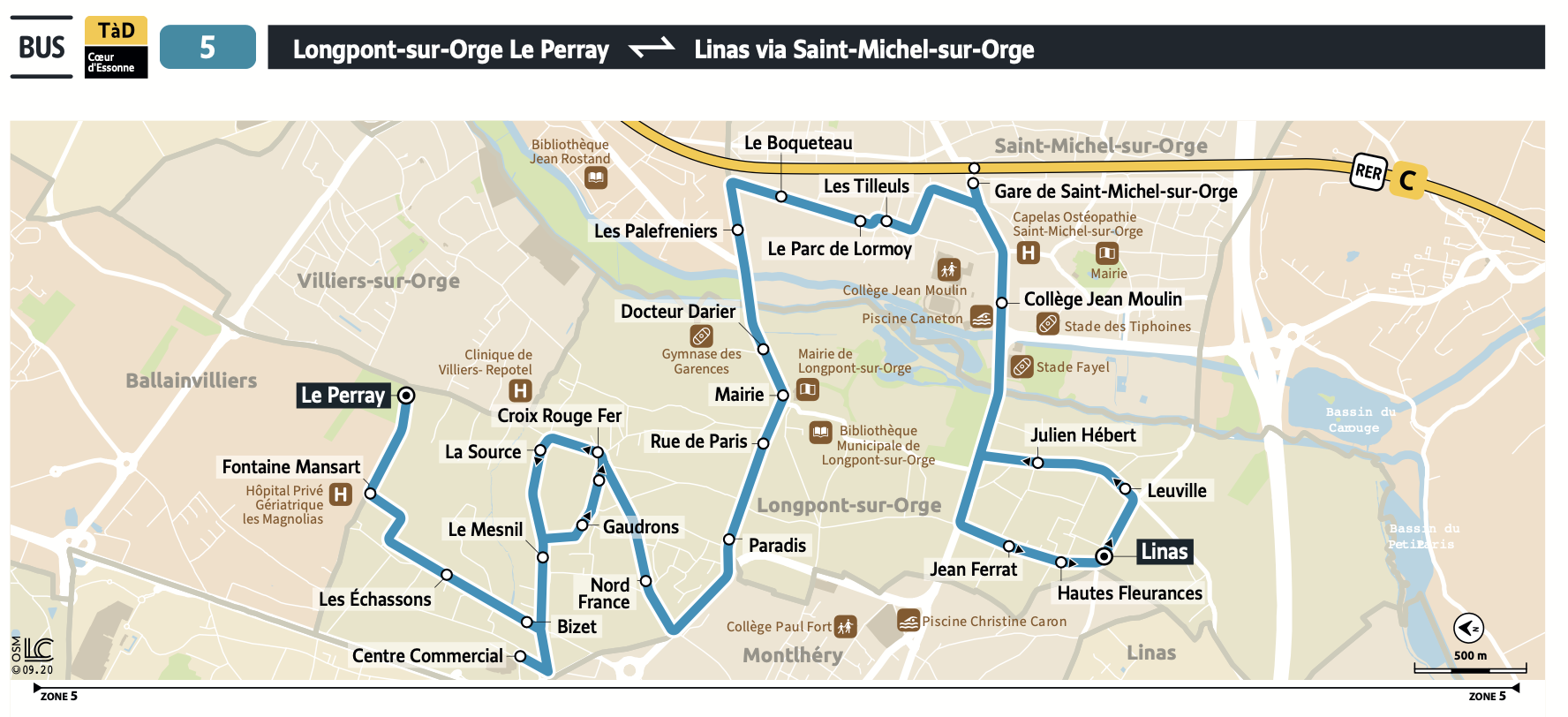 Plan du territoire de Coeur d'Essonne (Zone 5) desservi par le Transport à la Demande.