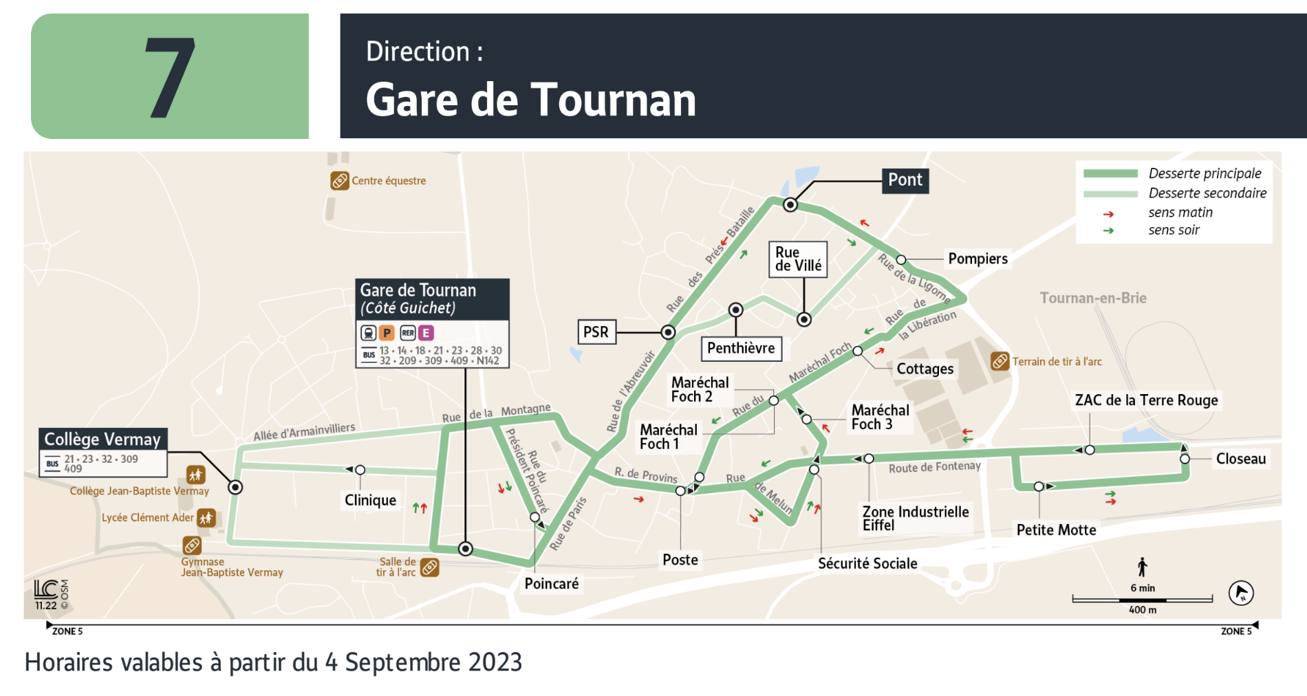 Plan de la ligne de Transport à la demande numéro 7 : Gare de Tournan - Rue de Villé