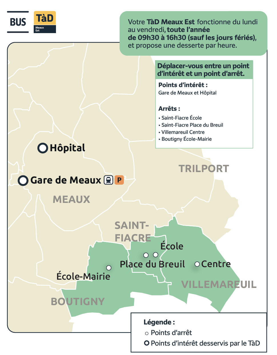 Plan du territoire de Meaux desservi par le Transport à la Demande.