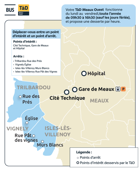 Plan du territoire de Meaux desservi par le Transport à la Demande.