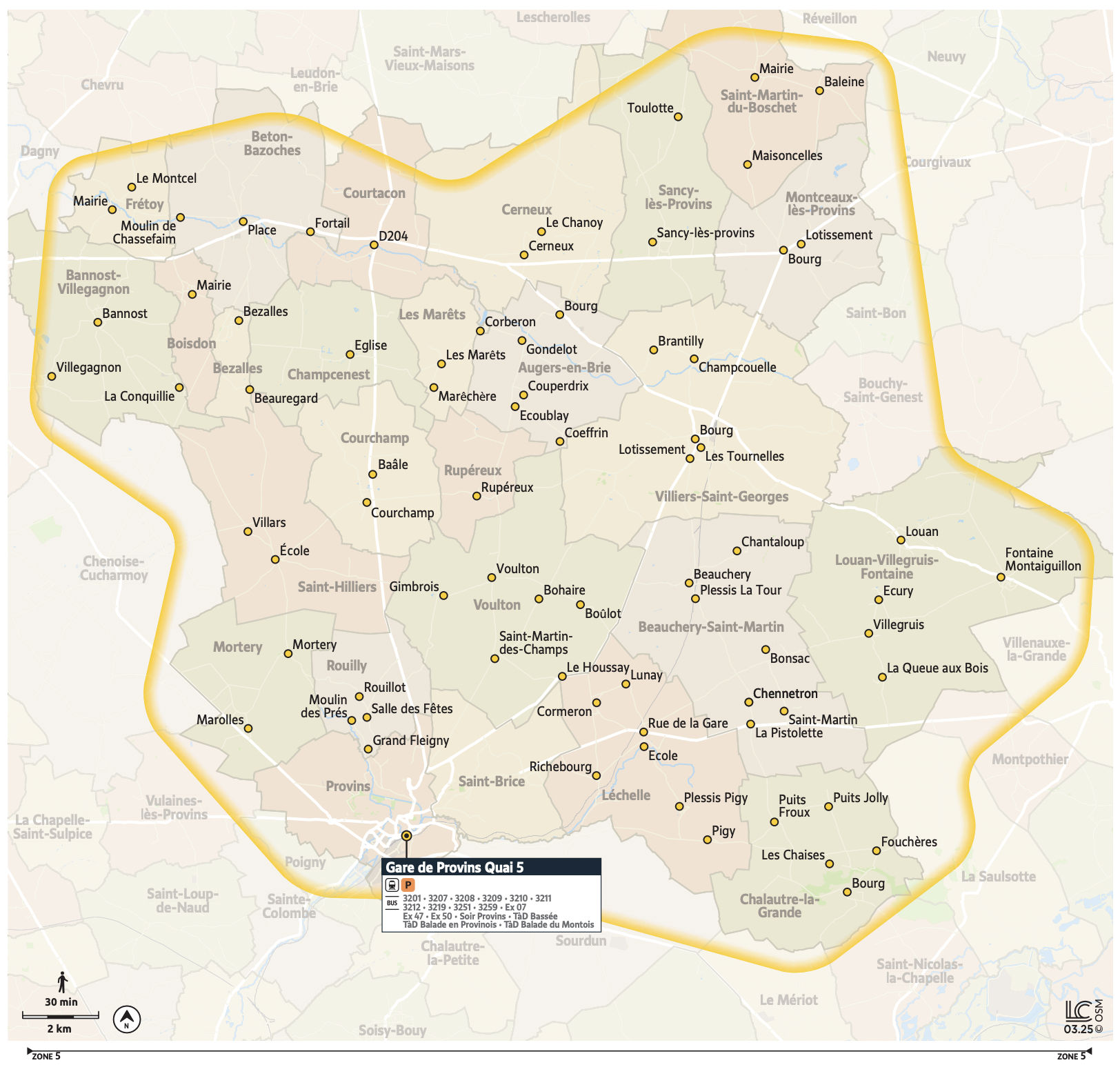 Plan du territoire de Provins desservi par le Transport à la Demande.
