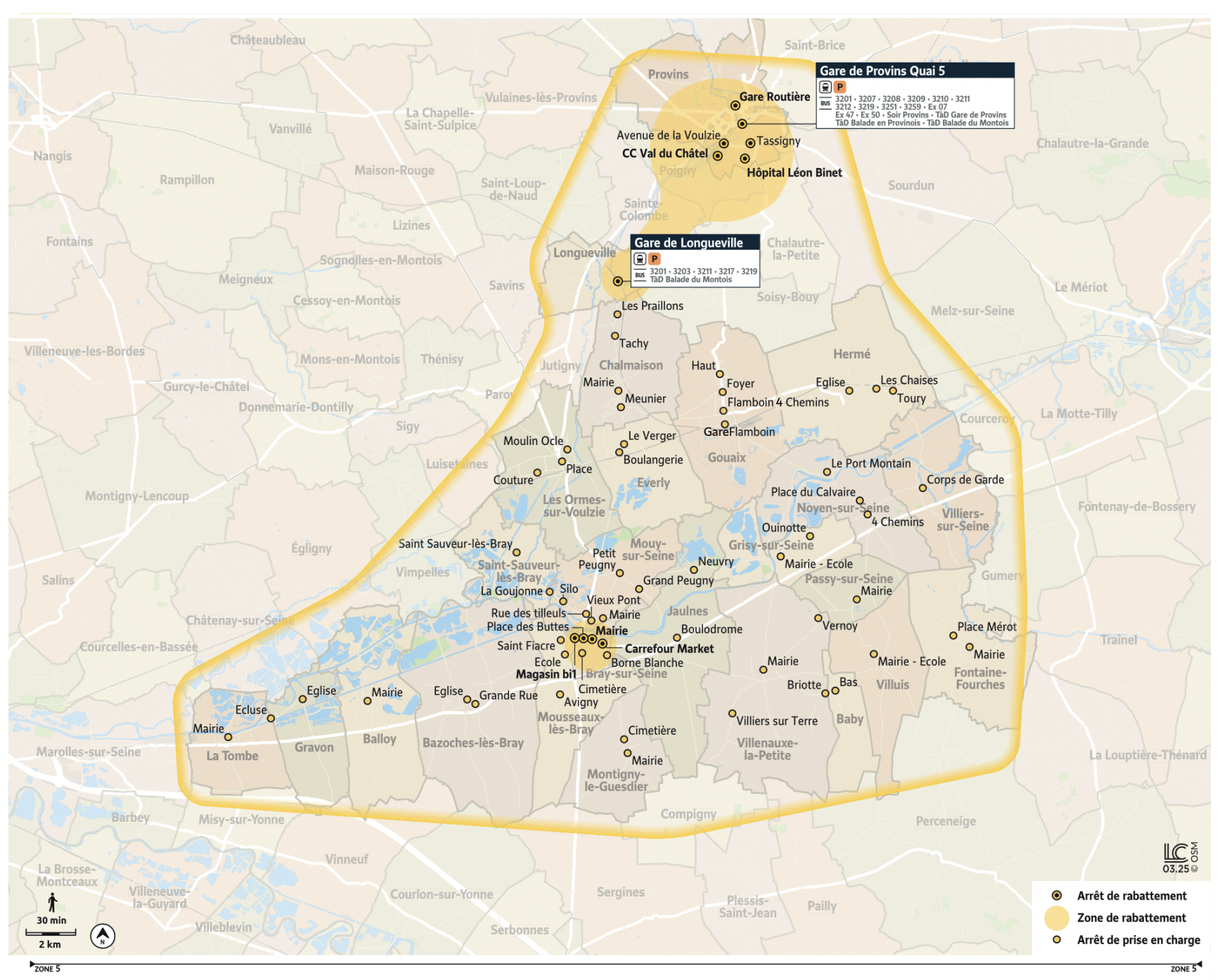 Plan du territoire de Bassé Mantois desservi par le Transport à la Demande.
