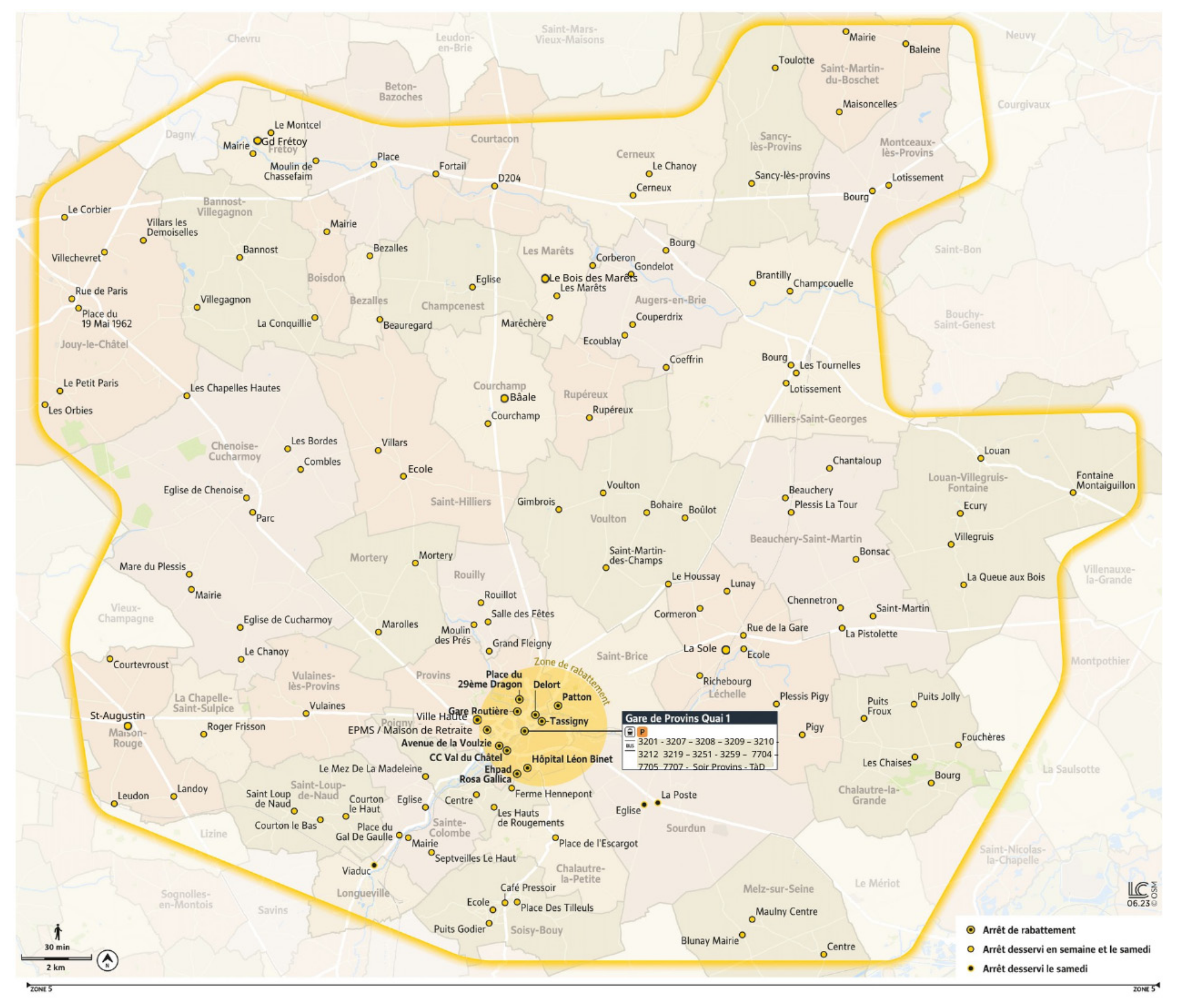 Plan du territoire de Provins desservi par le Transport à la Demande.