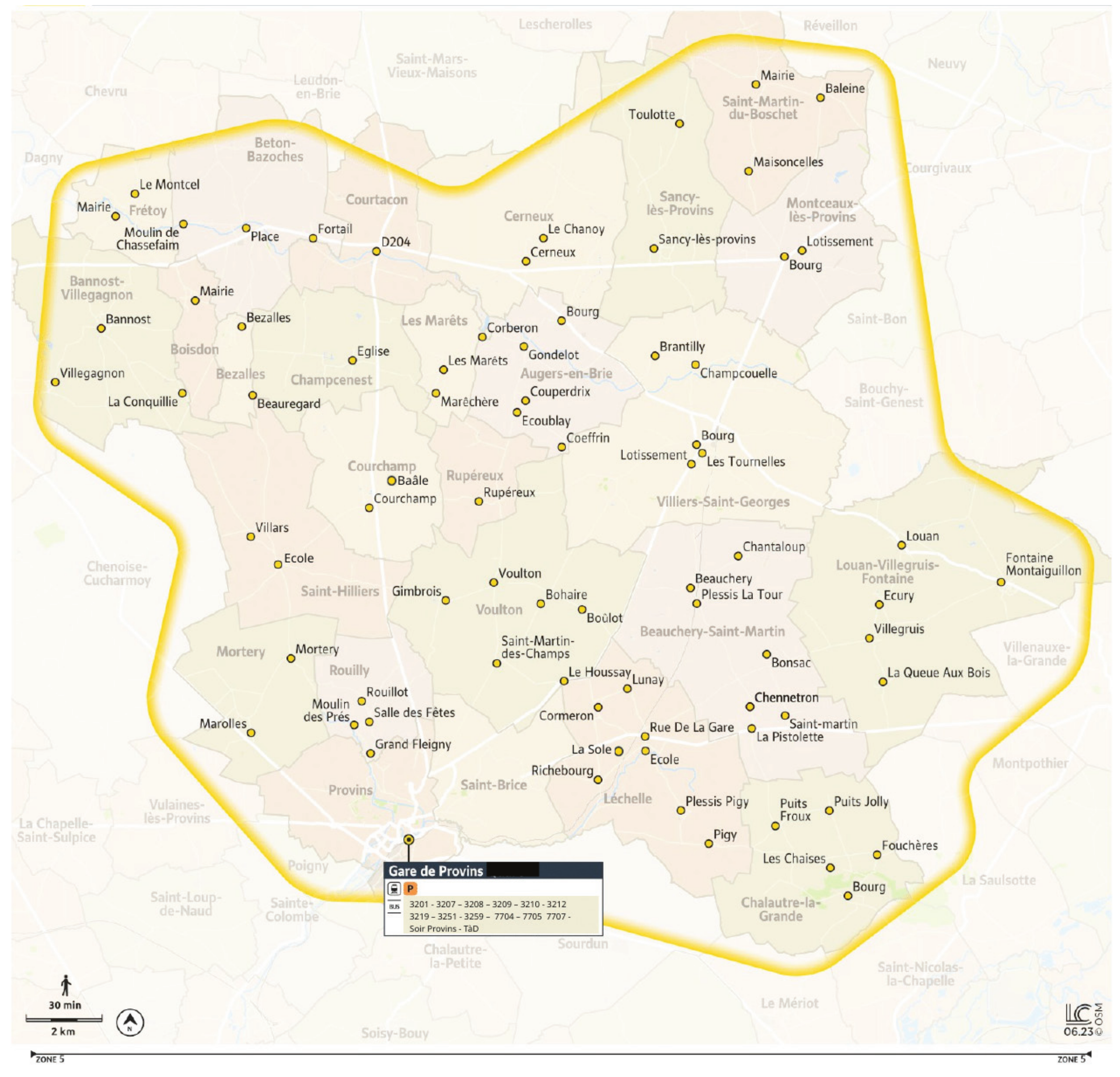Plan du territoire de Provins desservi par le Transport à la Demande.