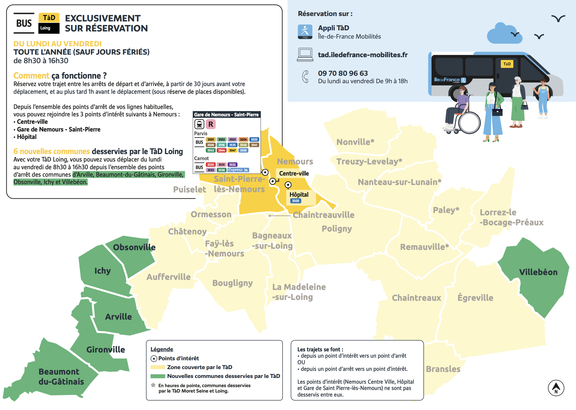 Plan du territoire du Loing desservi par le Transport à la Demande.