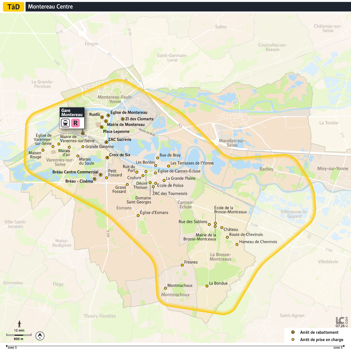 Plan du territoire de Montereau Centre desservi par le Transport à la Demande.