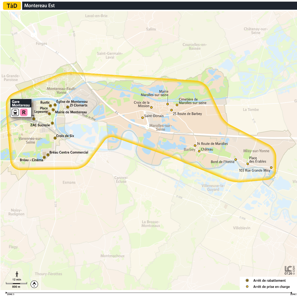 Plan du territoire de Montereau Est desservi par le Transport à la Demande.