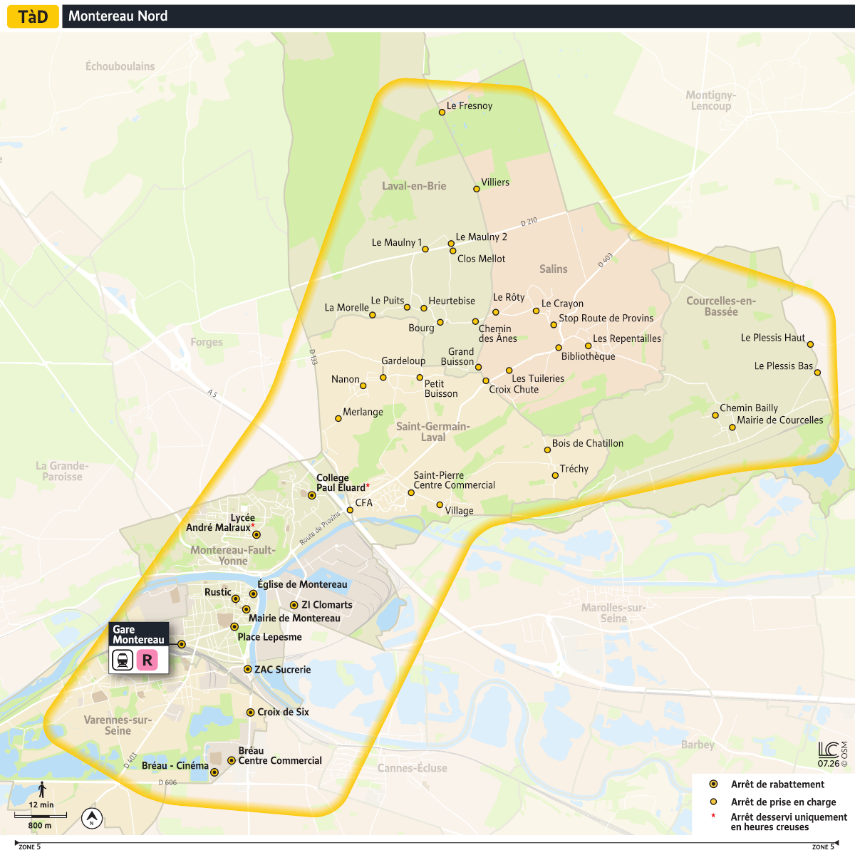 Plan du territoire de Montereau Nord desservi par le Transport à la Demande.