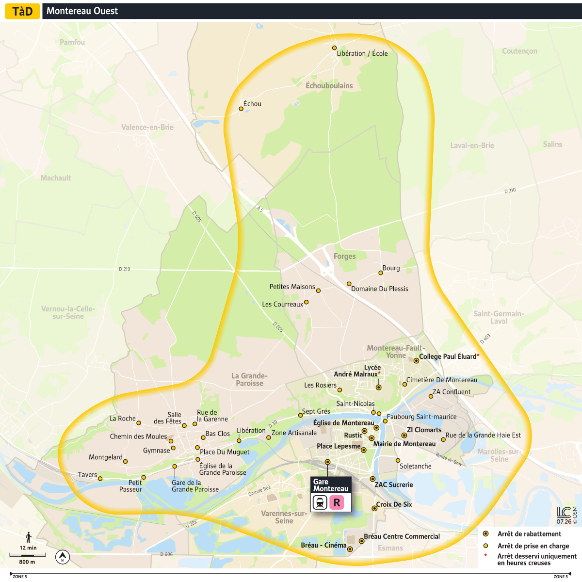 Plan du territoire de Montereau Ouest desservi par le Transport à la Demande.