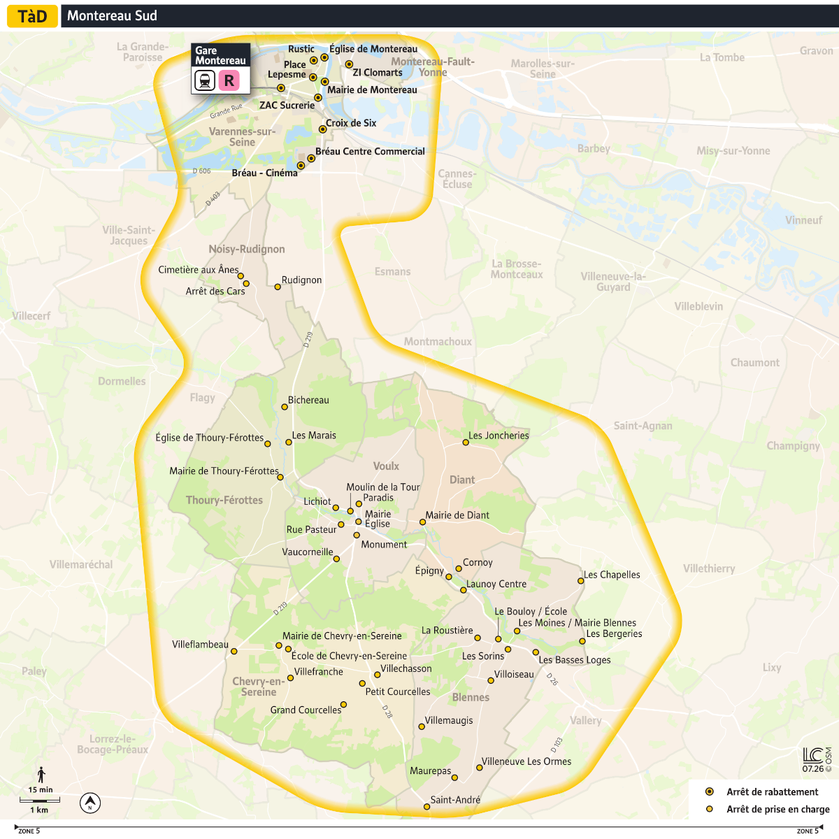 Plan du territoire de Montereau Sud desservi par le Transport à la Demande.