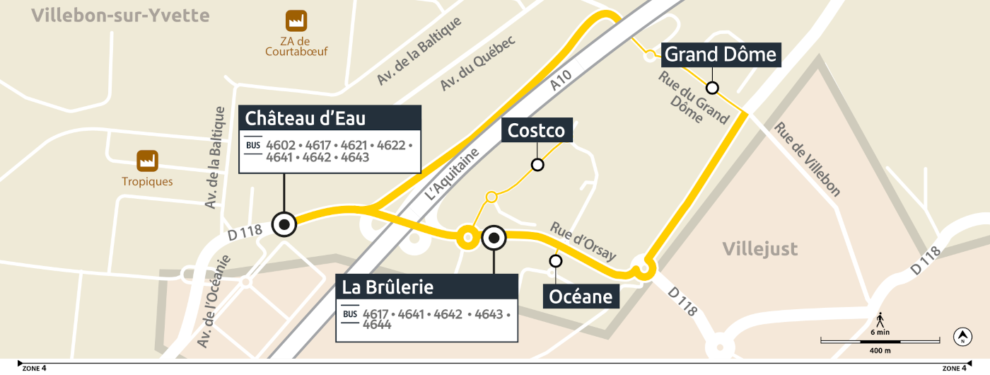 Plan du territoire de Courtaboeuf desservi par le Transport à la Demande.