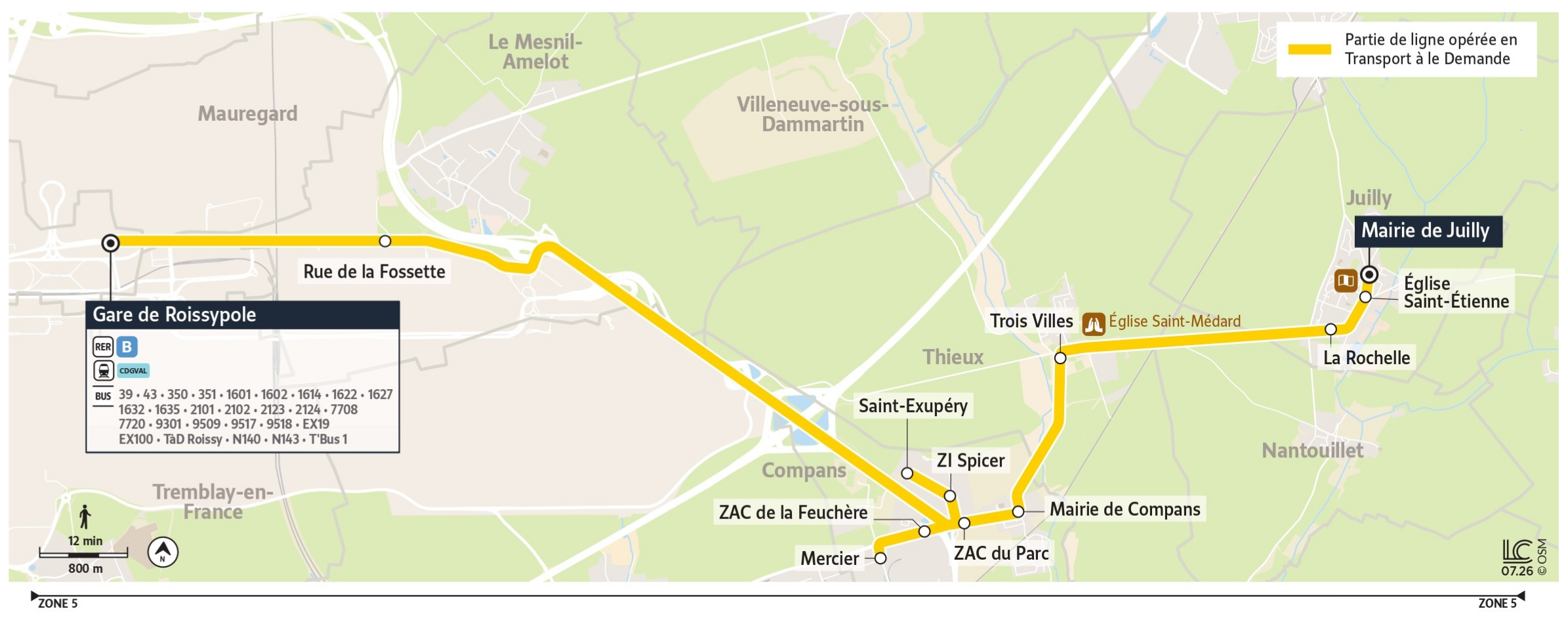 Plan du territoire de Juilly desservi par le Service TàD Roissy.