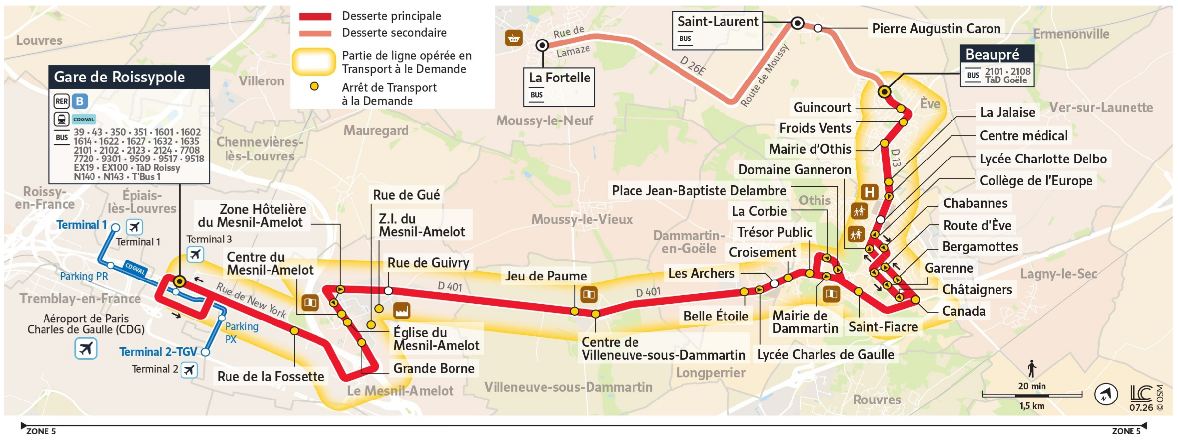 Plan du territoire desservi par le Service TàD Roissy.